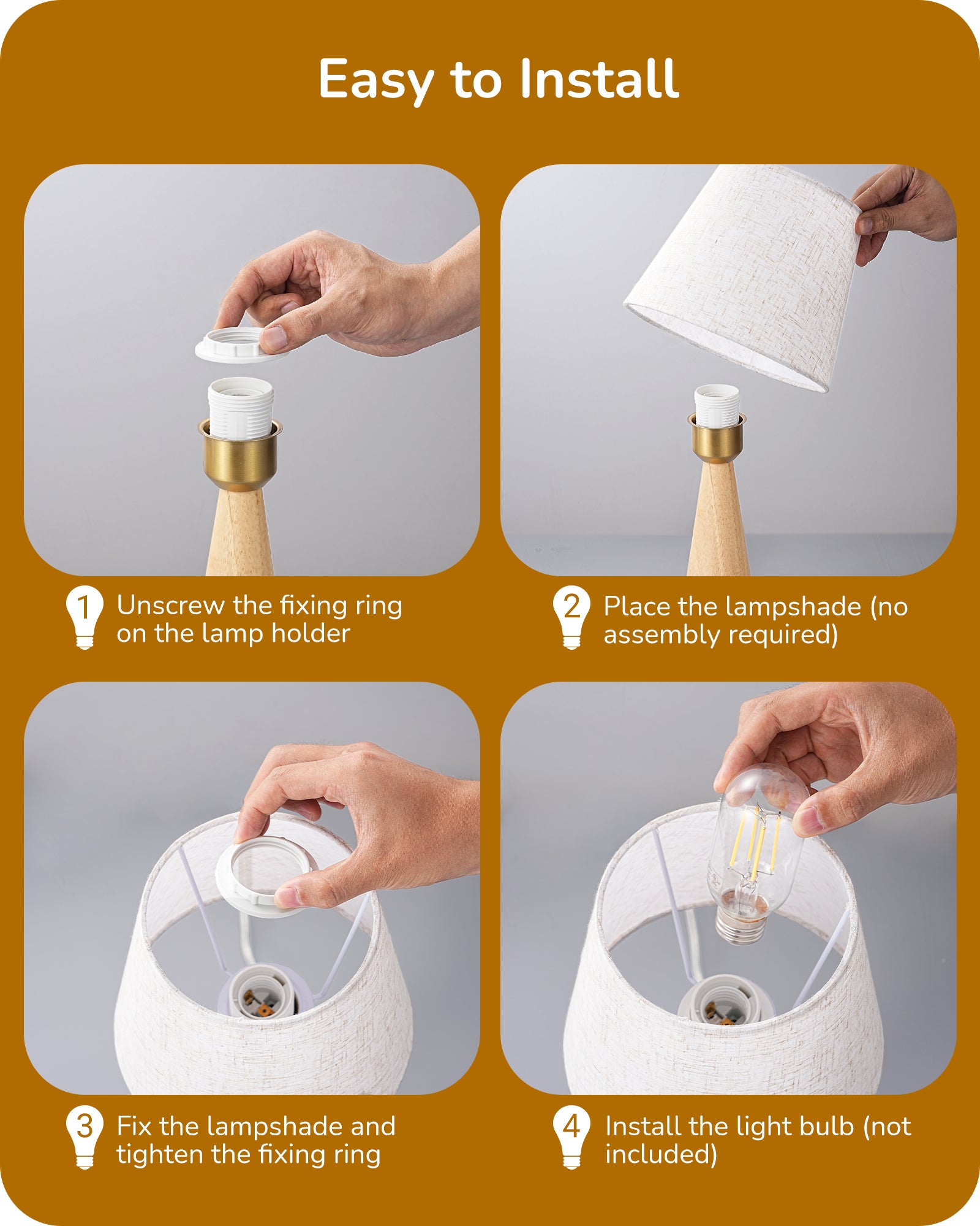 EDISHINE 2 Pack 13.58" Small Table Lamp, with Beige Linen Lampshade, ON-OFF Switch, E26 Socket, Burlywood Base-ZHLTL15C2