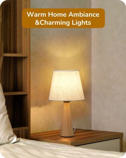 EDISHINE 2 Pack 13.58" Small Table Lamp, with Beige Linen Lampshade, ON-OFF Switch, E26 Socket, Burlywood Base-ZHLTL15C2