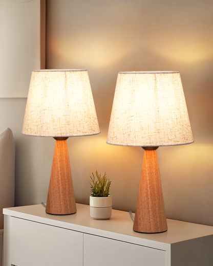 EDISHINE 2 Pack 13.58" Small Table Lamp, with Beige Linen Lampshade, ON-OFF Switch, E26 Socket, Burlywood Base-ZHLTL15C2