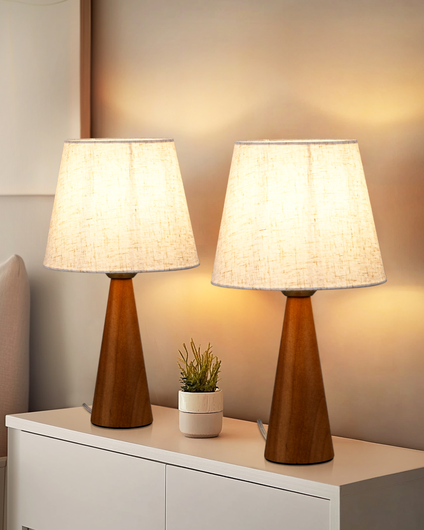 EDISHINE 2 Pack 13.58" Small Table Lamp, with Beige Linen Lampshade, ON-OFF Switch, E26 Socket, Dark Rosewood Base-ZHLTL15D2