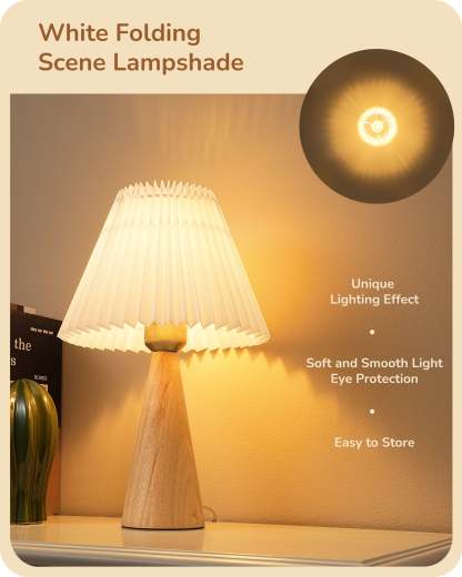 EDISHINE 2 Pack 13.58" Small Table Lamp, with White Pleated Lampshade, ON-OFF Switch, E26 Socket, Burlywood Base-ZHLTL15E2