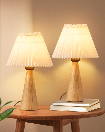 EDISHINE 2 Pack 13.58" Small Table Lamp, with White Pleated Lampshade, ON-OFF Switch, E26 Socket, Burlywood Base-ZHLTL15E2