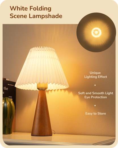EDISHINE 13.58" Small Table Lamp, with White Pleated Lampshade, ON-OFF Switch, E26 Socket, Dark Rosewood Base-HLTL15F
