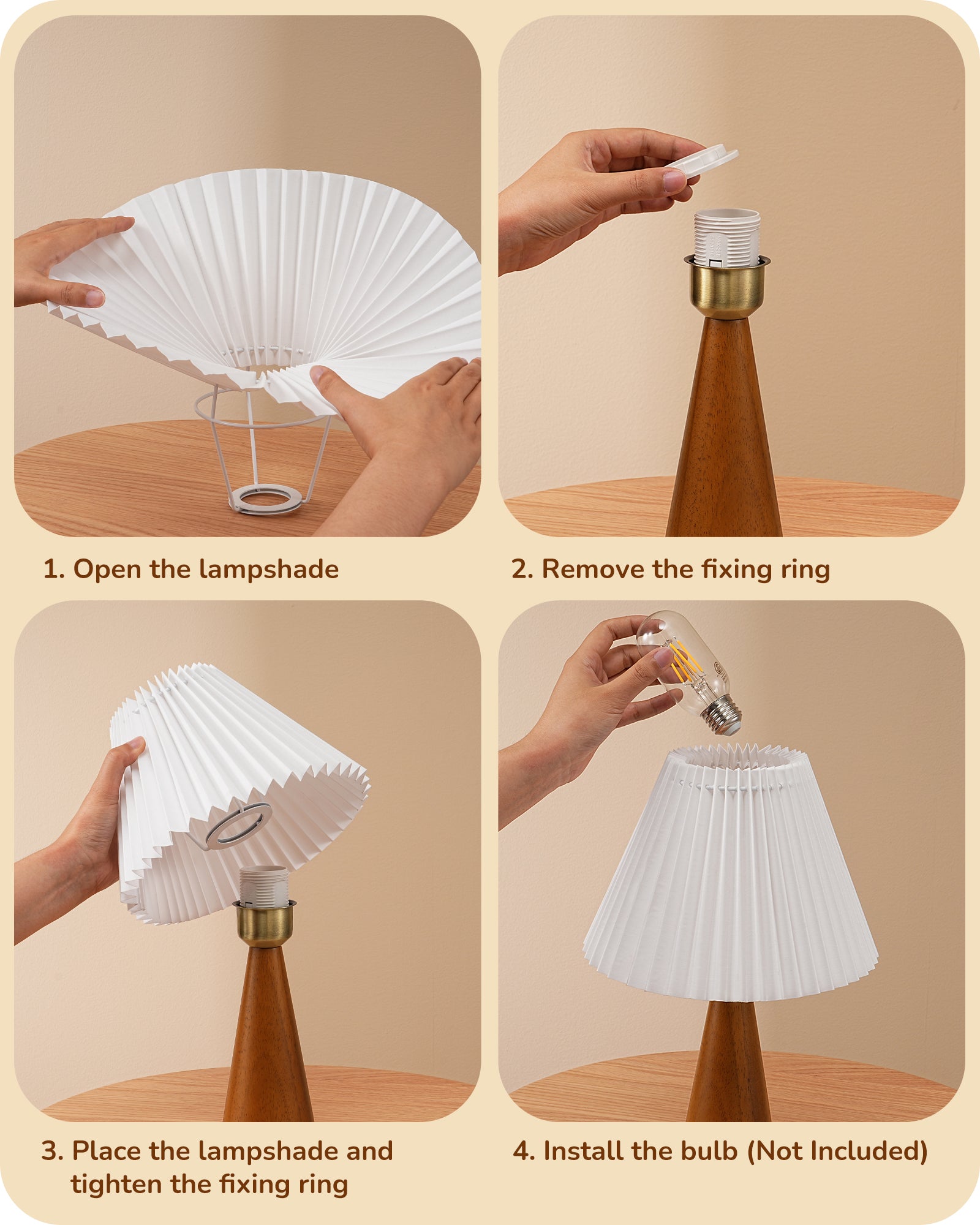 EDISHINE 13.58" Small Table Lamp, with White Pleated Lampshade, ON-OFF Switch, E26 Socket, Dark Rosewood Base-HLTL15F
