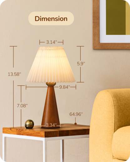 EDISHINE 13.58" Small Table Lamp, with White Pleated Lampshade, ON-OFF Switch, E26 Socket, Dark Rosewood Base-HLTL15F