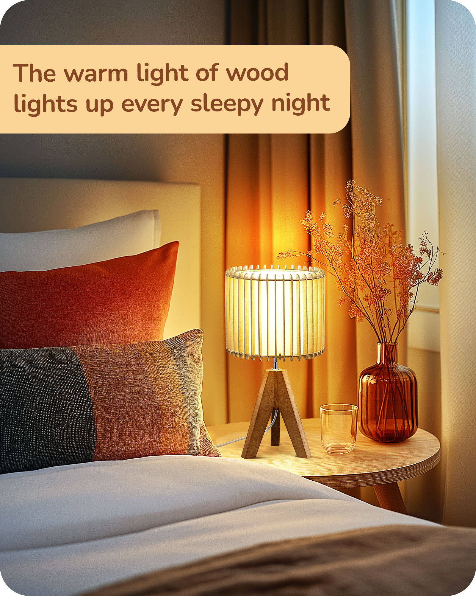 EDISHINE 14.17" Small Table Lamp, Natural Wood-Colored-HLTL15J