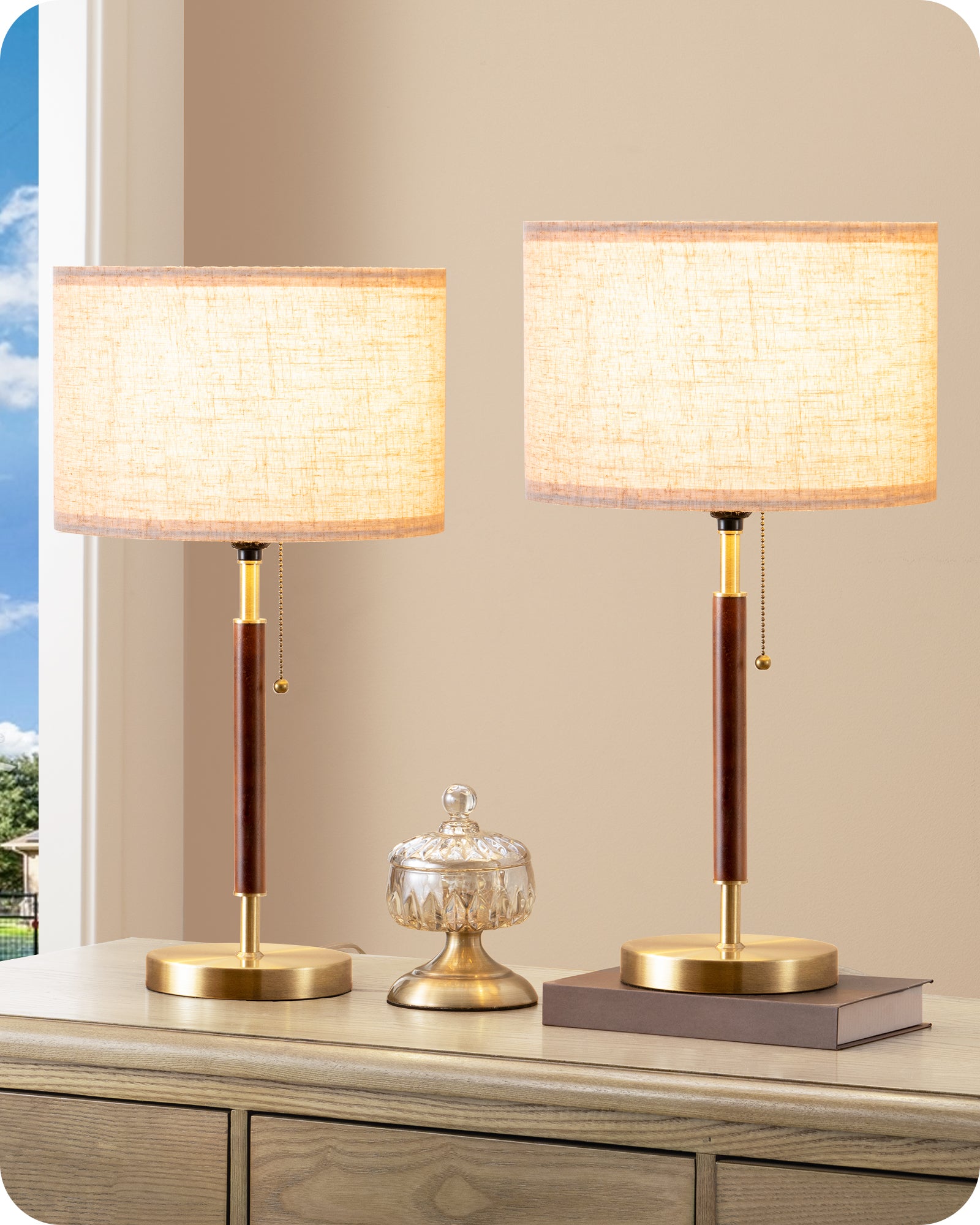 EDISHINE Set of 2, Mid Century Table Lamp, Bronze, E26 Base-HLTL25S