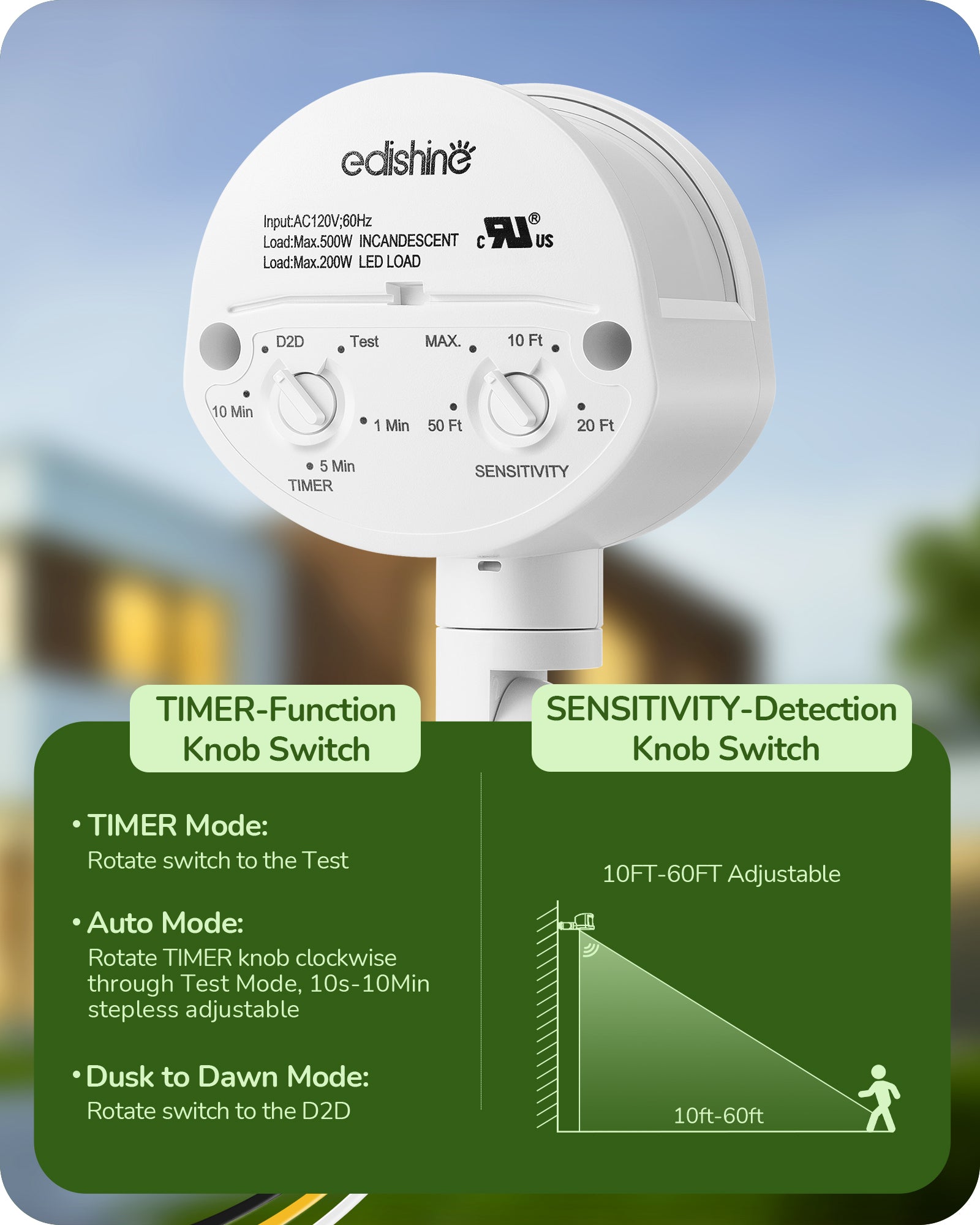 EDISHINE 180-Degree Automatic Dusk to Dawn Motion Sensor, White, 2 Pack-HMSS02D-B2B