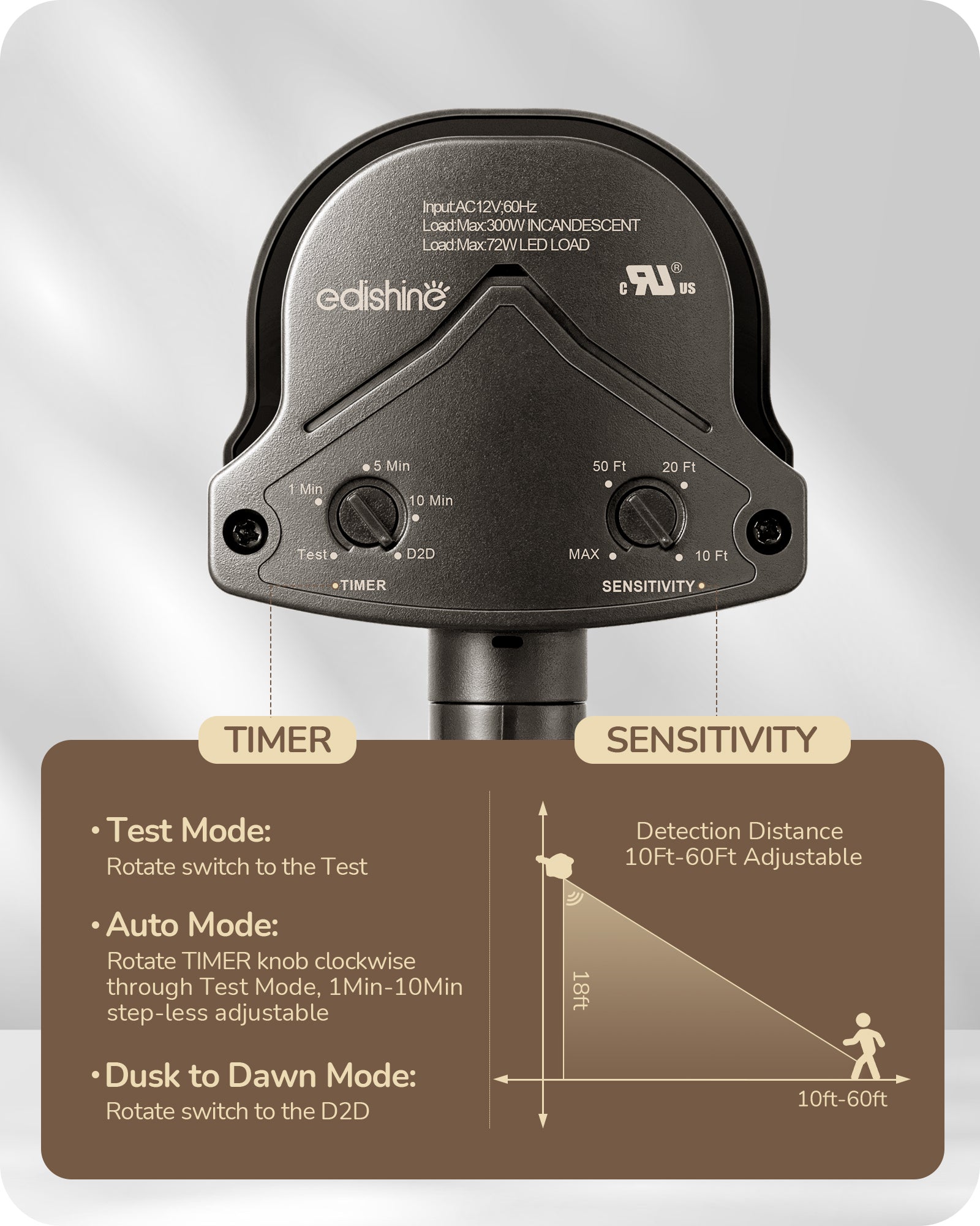 EDISHINE Dusk to Dawn 240° Motion Sensor, Brown, 2 Pack-HMSS10D