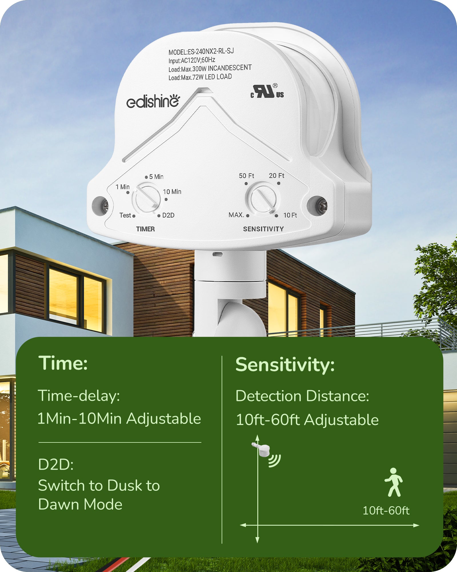 EDISHINE 240 Degree Automatic Dusk to Dawn White Motion Sensor-HMSS10W-B2B