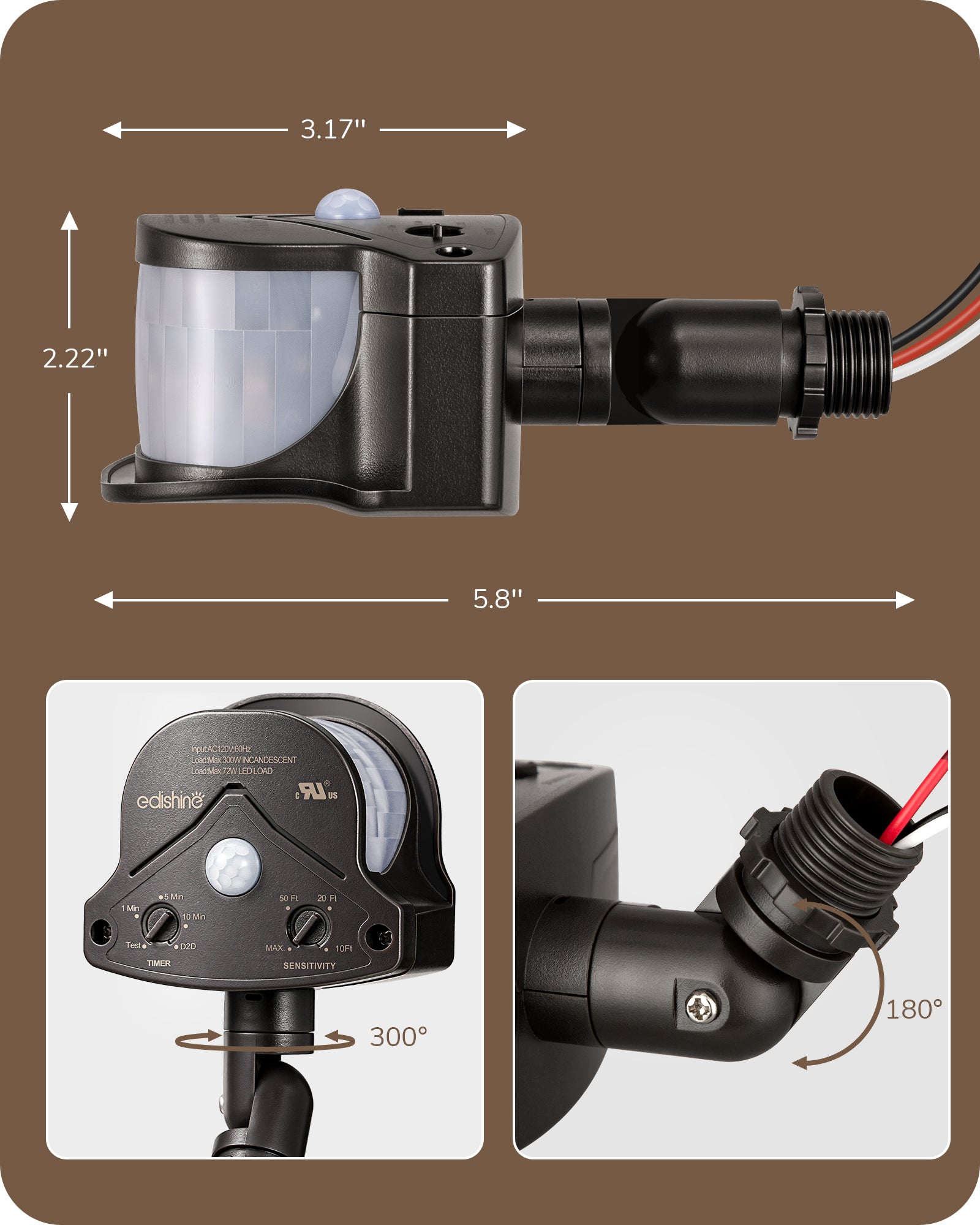 EDISHINE Automatic 240° & 360° Dusk to Dawn Motion Sensor with 3 Modes-HMSS11A-B2B