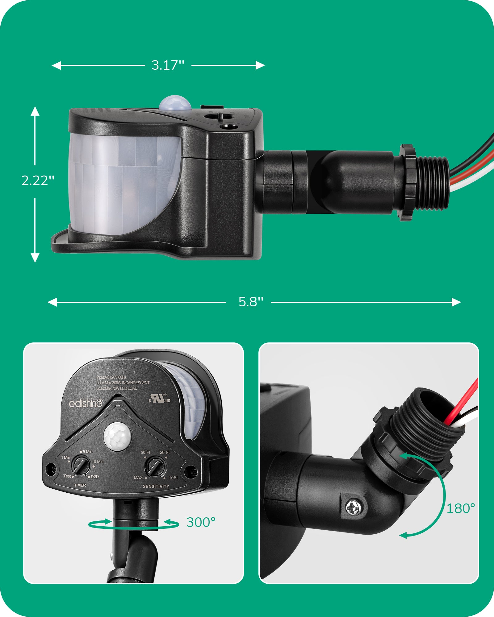 EDISHINE Automatic Motion Sensor with 240° & 360° Sensing Angle, Black-HMSS11C