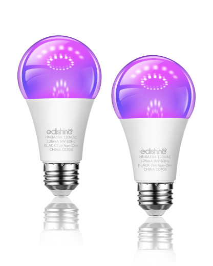 EDISHINE 2 Pack Black Light Bulb, A19 9W UV Blacklight Bulbs, UVA Level 385-400nm, 120V E26 Base, LED-HNBA19A