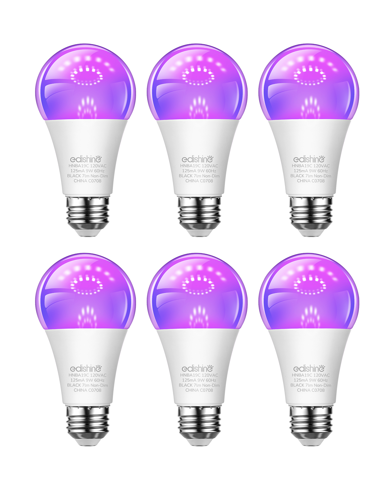 EDISHINE 6 Pack Black Light Bulb, 120V 9W UV Blacklight Bulbs with UVA Level 385-400nm, A19 E26 Base, LED-HNBA19C