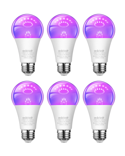 EDISHINE 6 Pack Black Light Bulb, 120V 9W UV Blacklight Bulbs with UVA Level 385-400nm, A19 E26 Base, LED-HNBA19C