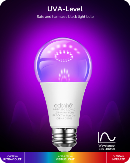 EDISHINE 6 Pack Black Light Bulb, 120V 9W UV Blacklight Bulbs with UVA Level 385-400nm, A19 E26 Base, LED-HNBA19C