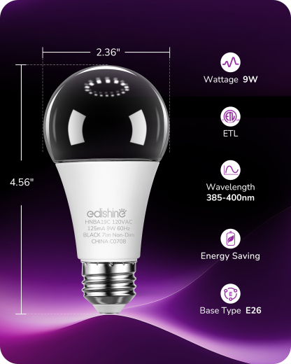 EDISHINE 6 Pack Black Light Bulb, 120V 9W UV Blacklight Bulbs with UVA Level 385-400nm, A19 E26 Base, LED-HNBA19C
