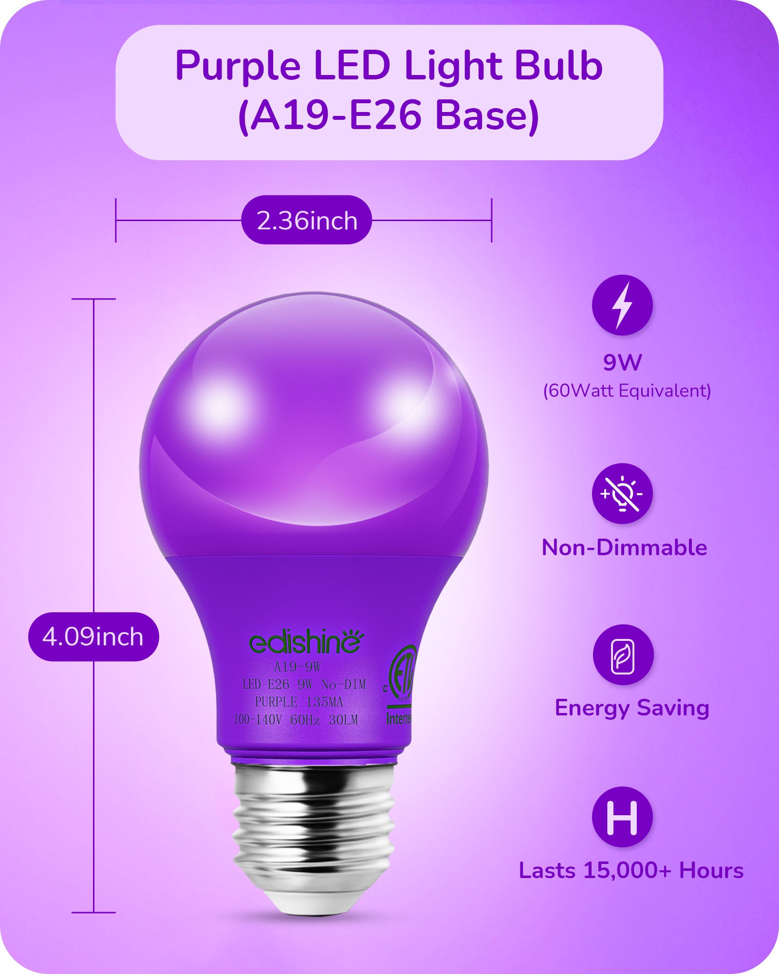 EDISHINE A19 9W Purple Light Bulbs, 4 Pack-HNCA19A
