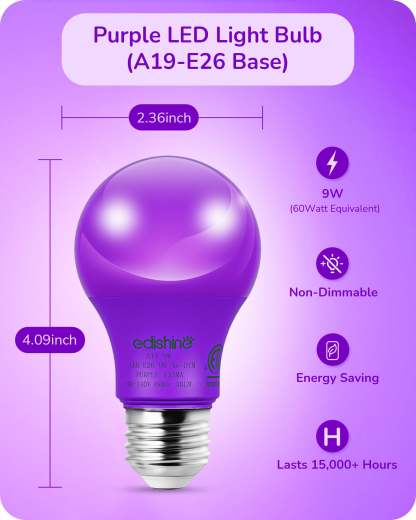 EDISHINE A19 9W Purple Light Bulbs, 4 Pack-HNCA19A