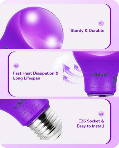 EDISHINE A19 9W Purple Light Bulbs, 4 Pack-HNCA19A