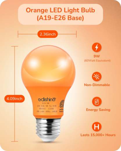 EDISHINE A19 9W Orange Light Bulbs, 4 Pack-HNCA19B-B2B