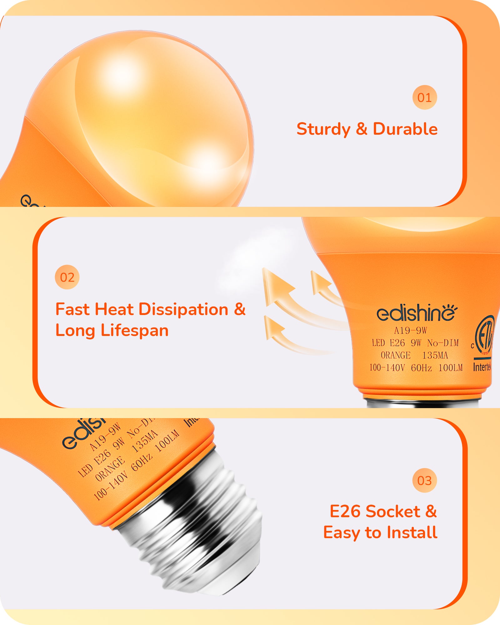 EDISHINE A19 9W Orange Light Bulbs, 4 Pack-HNCA19B-B2B