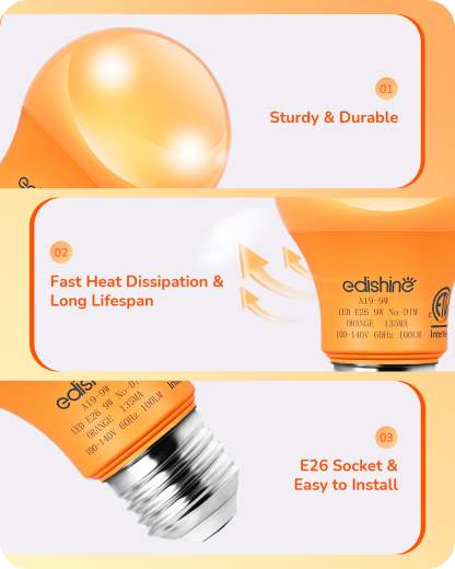 EDISHINE A19 9W Orange Light Bulbs, 4 Pack-HNCA19B-B2B