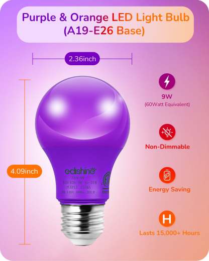 EDISHINE A19 9W Purple & Orange Light Bulbs, 4 Pack-HNCA19C-B2B