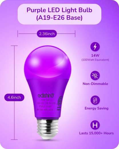 缺货下架EDISHINE A19 14W Purple Light Bulbs, 4 Pack-HNCA19F