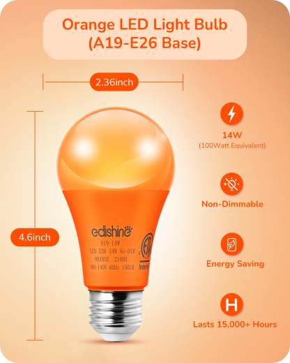 缺货下架EDISHINE A19 14W Orange Light Bulbs, 4 Pack-HNCA19G