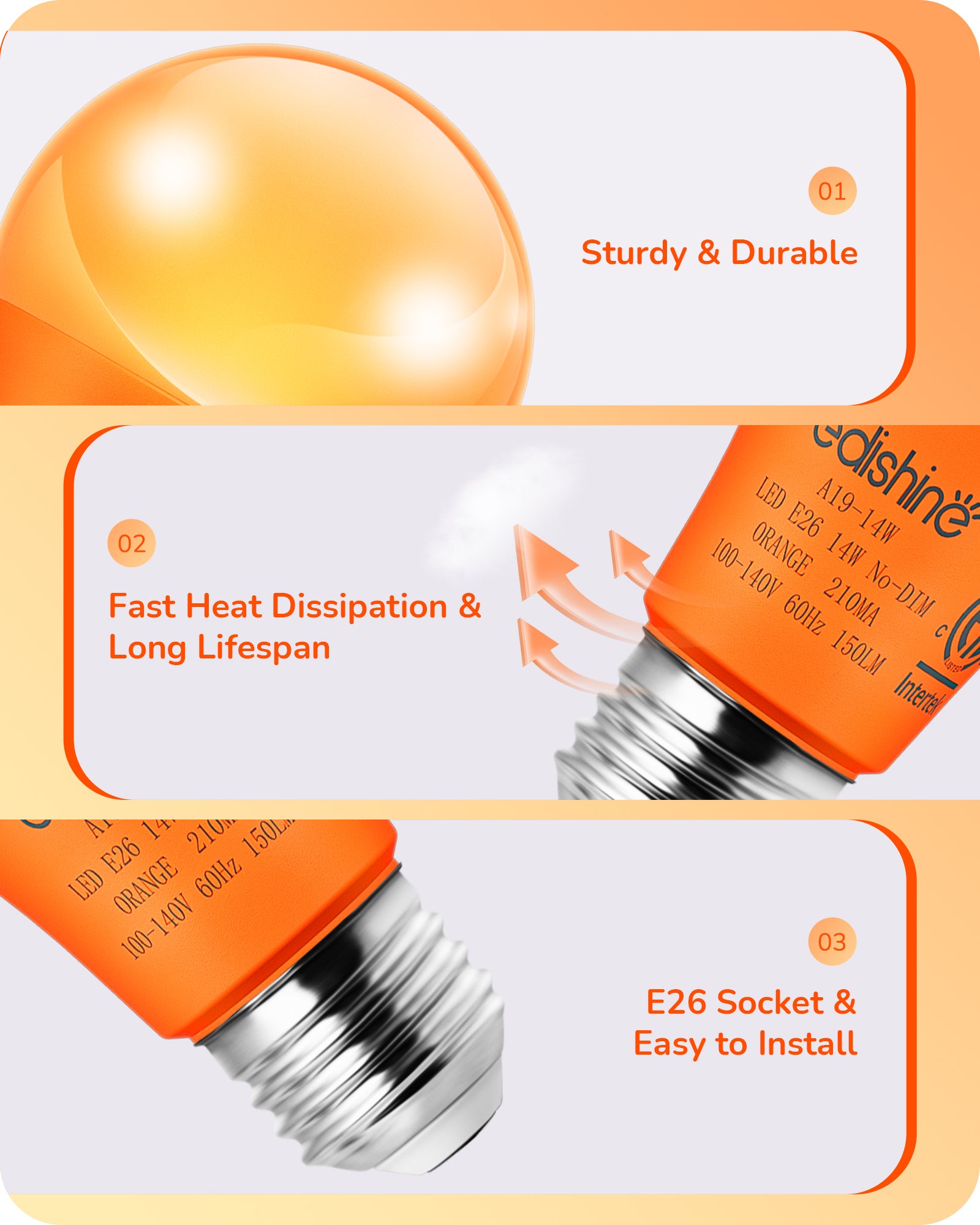 缺货下架EDISHINE A19 14W Orange Light Bulbs, 4 Pack-HNCA19G