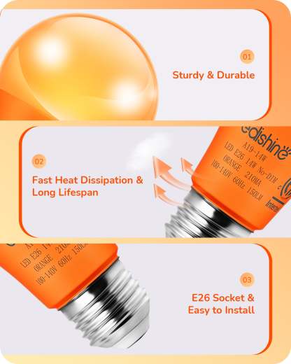 缺货下架EDISHINE A19 14W Orange Light Bulbs, 4 Pack-HNCA19G