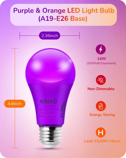 缺货下架EDISHINE A19 14W Purple Orange Light Bulbs, 4 Pack-HNCA19H
