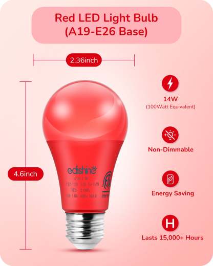 EDISHINE A19 14W Red Light Bulbs, 4 Pack-HNCA19L-B2B
