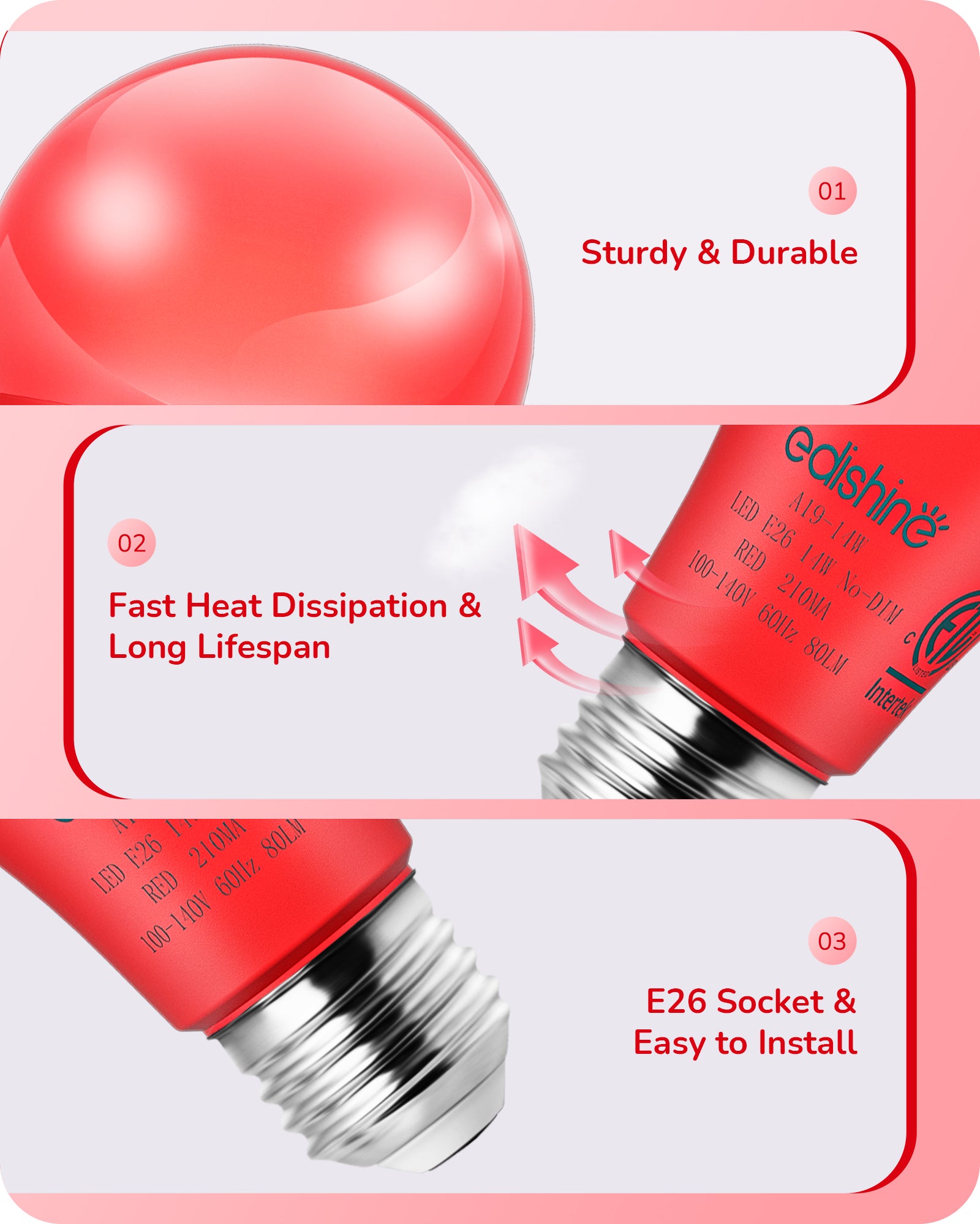 EDISHINE A19 14W Red Light Bulbs, 4 Pack-HNCA19L-B2B