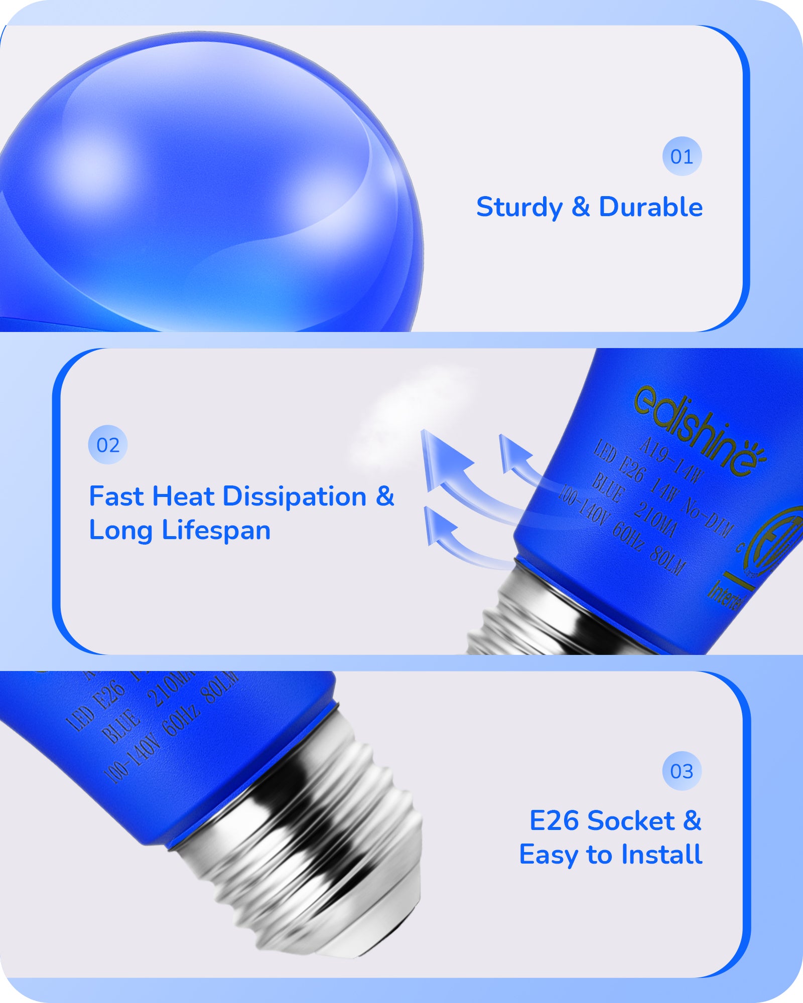 EDISHINE A19 14W Blue Light Bulbs, 4 Pack-HNCA19N