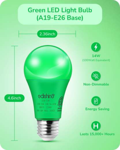 EDISHINE A19 14W Green Light Bulbs, 4 Pack-HNCA19M-B2B