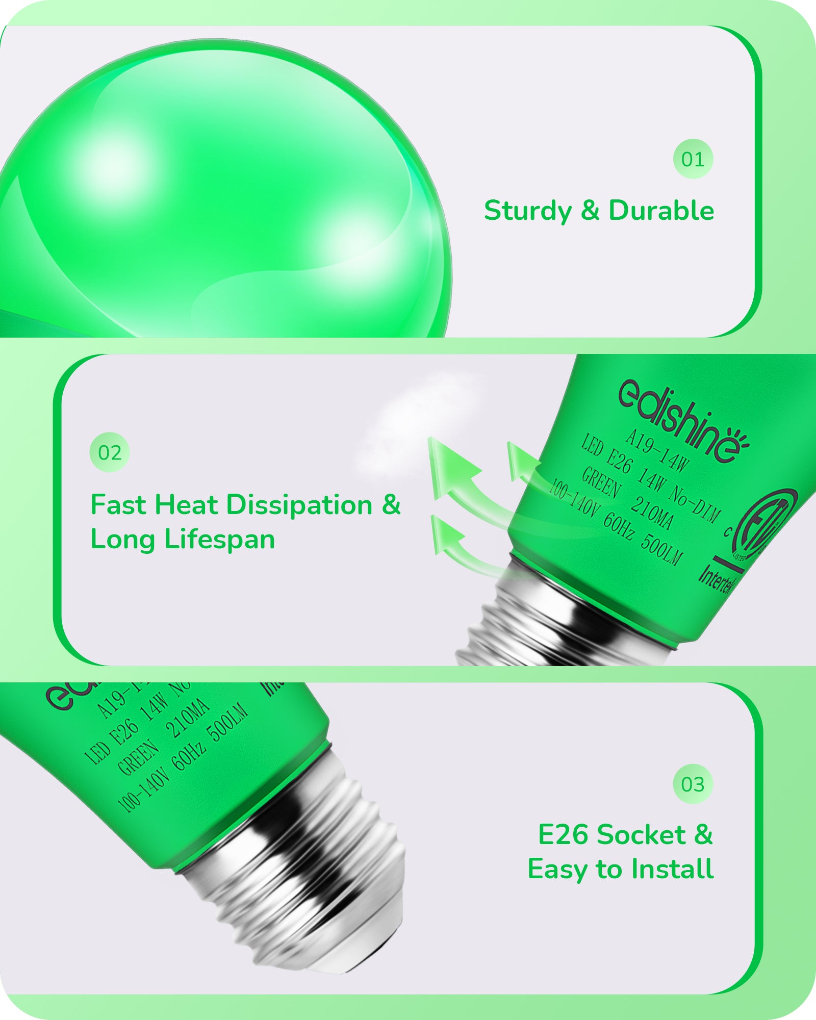 EDISHINE A19 14W Green Light Bulbs, 4 Pack-HNCA19M-B2B