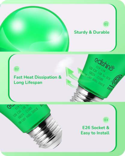EDISHINE A19 14W Green Light Bulbs, 4 Pack-HNCA19M-B2B