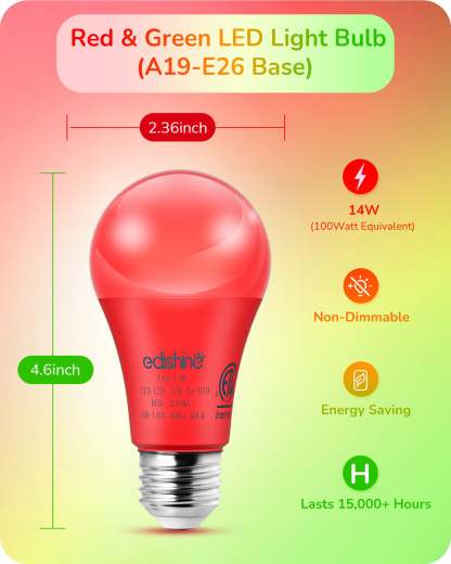 EDISHINE A19 14W Red & Green Light Bulbs, 4 Pack-HNCA19P-B2B