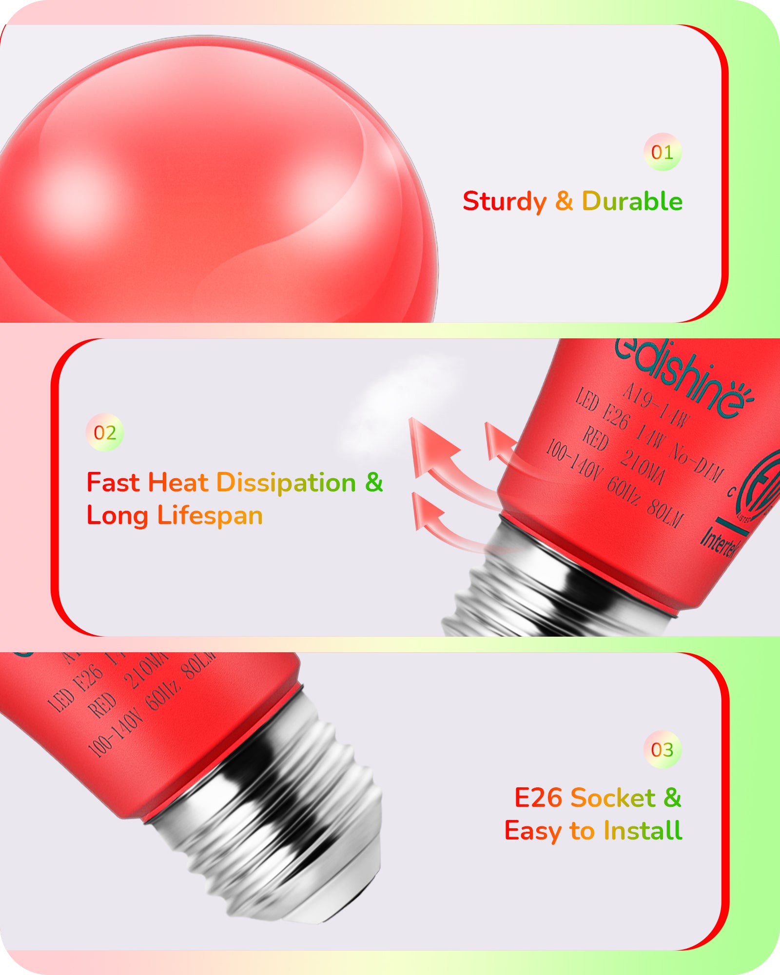 EDISHINE A19 14W Red & Green Light Bulbs, 4 Pack-HNCA19P-B2B