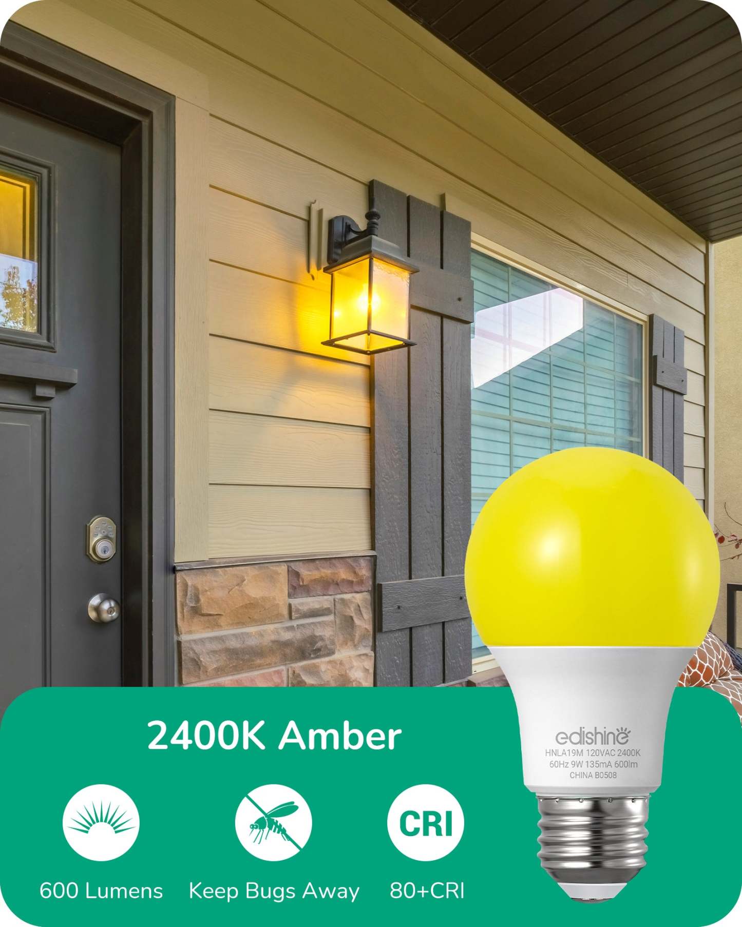 EDISHINE Non-Dimmable 9W (60W Equivalent) A19 Yellow Light Bulb (8 Pack)-HNLA19M