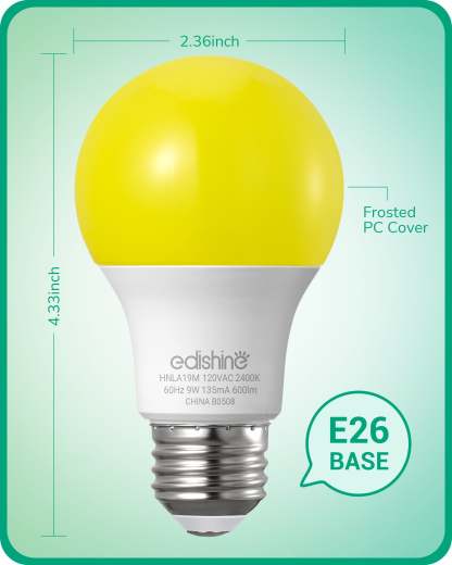 EDISHINE Non-Dimmable 9W (60W Equivalent) A19 Yellow Light Bulb (8 Pack)-HNLA19M