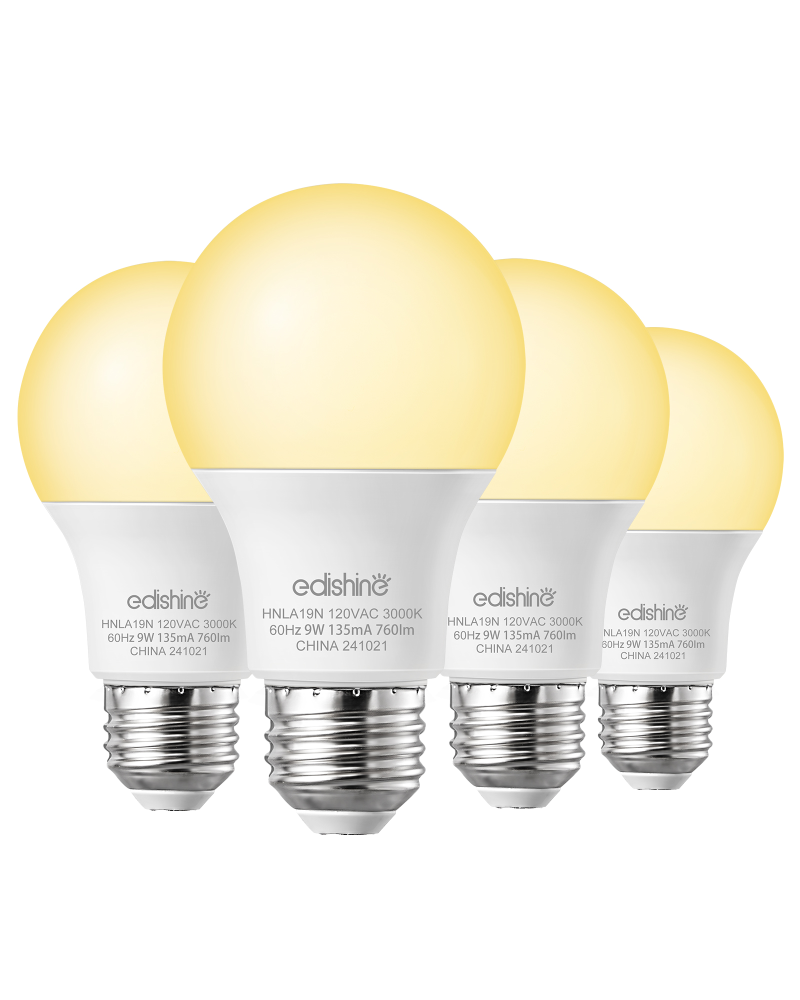 EDISHINE 4-Pack A19 LED Light Bulb, 760LM, 3000K Soft Warm Light Bulb, Energy Saving 9W(60W Equivalent) LED Bulb, E26 Medium Screw Base, Non Dimmable-HNLA19N