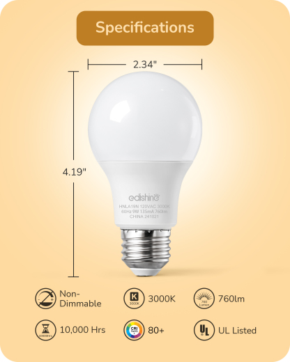 EDISHINE 4-Pack A19 LED Light Bulb, 760LM, 3000K Soft Warm Light Bulb, Energy Saving 9W(60W Equivalent) LED Bulb, E26 Medium Screw Base, Non Dimmable-HNLA19N