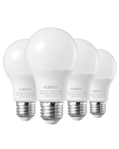 EDISHINE 4-Pack A19 LED Light Bulb, 760LM, 5000K Daylight LED Light Bulbs, 9 Watt(60 Watt Equivalent), E26 Medium Screw Base, Non Dimmable-HNLA19P