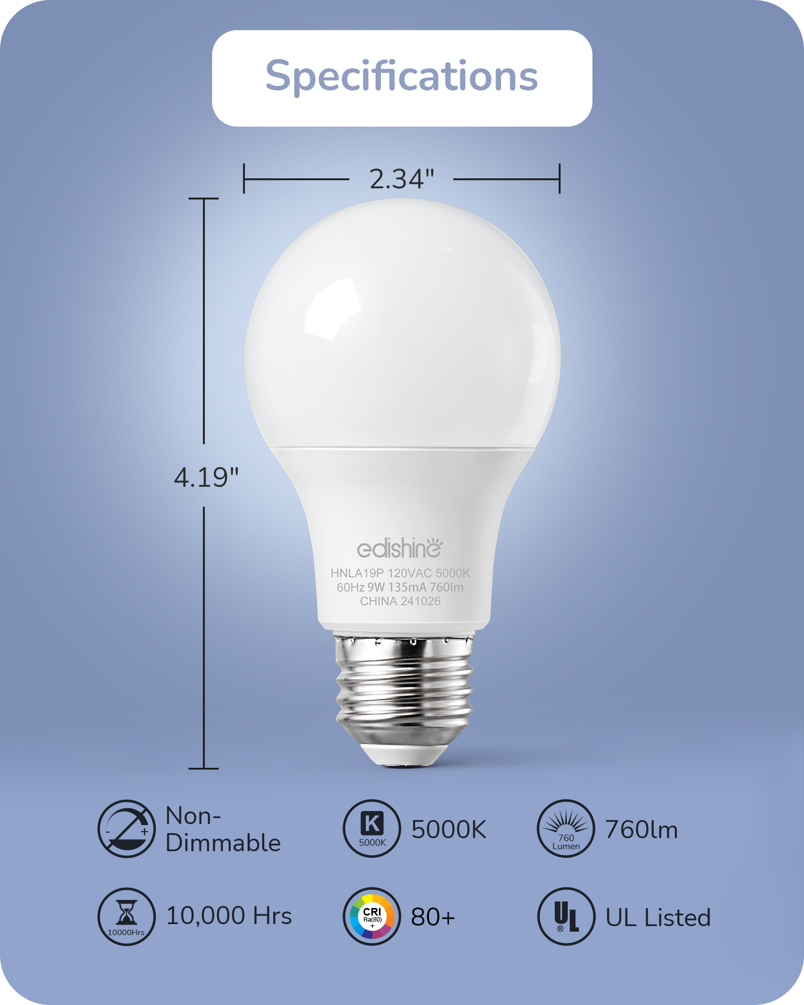 EDISHINE 4-Pack A19 LED Light Bulb, 760LM, 5000K Daylight LED Light Bulbs, 9 Watt(60 Watt Equivalent), E26 Medium Screw Base, Non Dimmable-HNLA19P