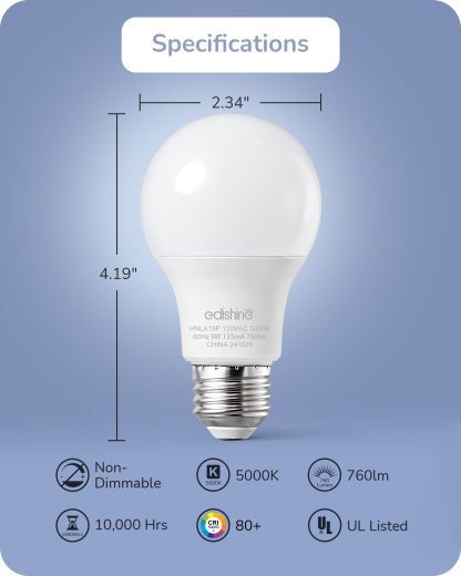 EDISHINE 4-Pack A19 LED Light Bulb, 760LM, 5000K Daylight LED Light Bulbs, 9 Watt(60 Watt Equivalent), E26 Medium Screw Base, Non Dimmable-HNLA19P