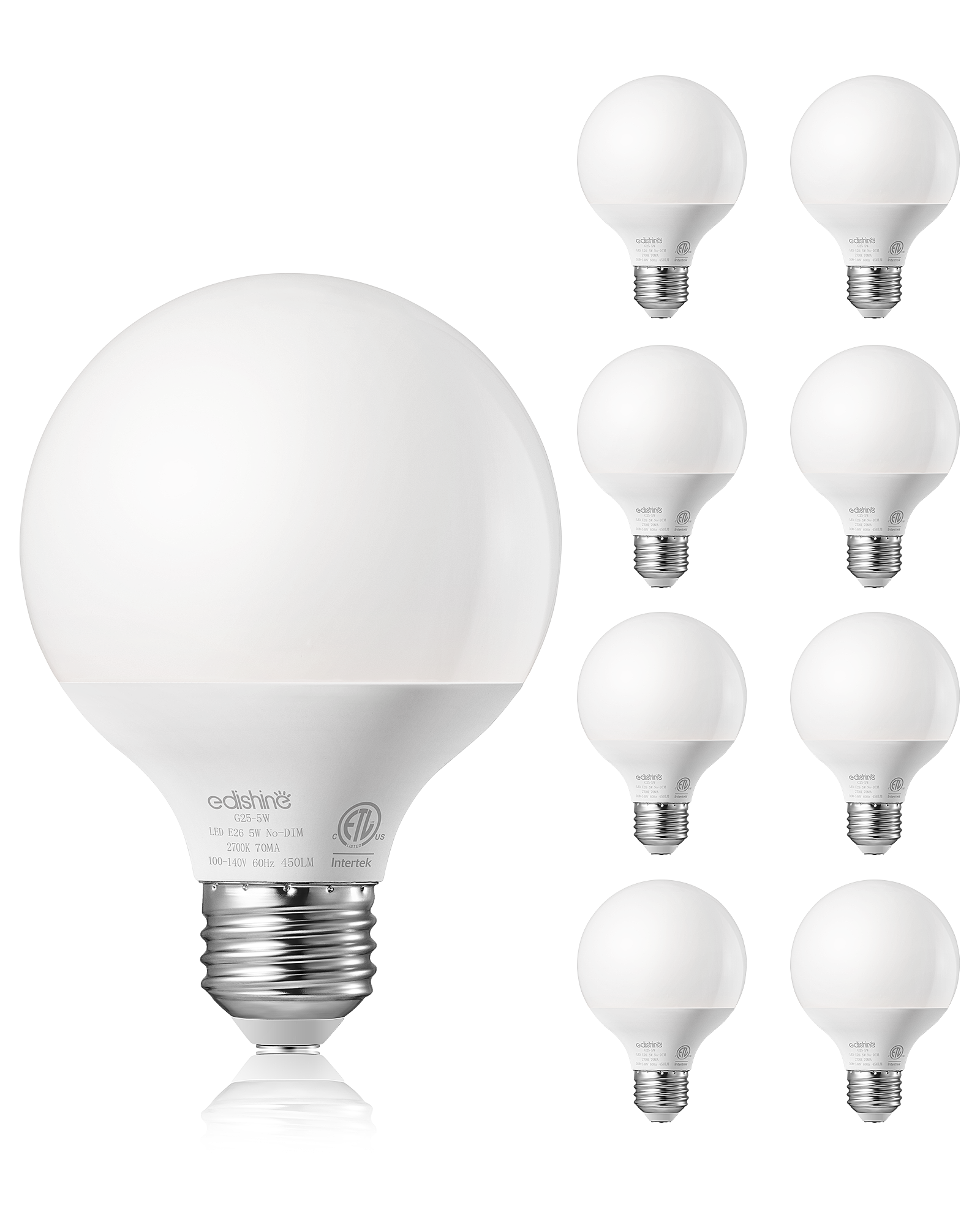 EDISHINE 8 Pack G25 LED Globe Light Bulbs, CRI90+, 5W Equivalent 25W, 2700K Warm White 450LM, E26, Non-dimmable-HNLG25C-B2B