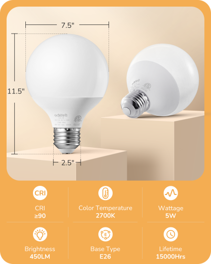EDISHINE 4 Pack G25 LED Globe Light Bulbs, CRI90+, 5W Equivalent 25W, 2700K Warm White 450LM, E26, Non-dimmable-HNLG25A-B2B